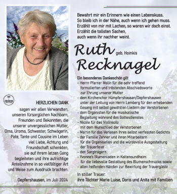 Traueranzeige von Ruth Recknagel von Südthüringer Presse