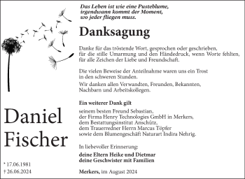 Traueranzeige von Daniel Fischer von Südthüringer Presse