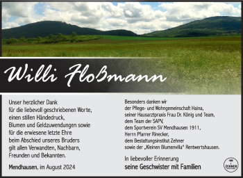 Traueranzeige von Willi Floßmann von Südthüringer Presse