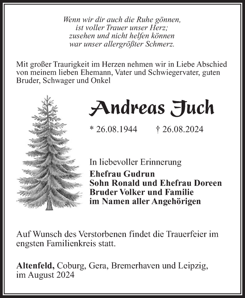  Traueranzeige für Andreas Juch vom 31.08.2024 aus Südthüringer Presse