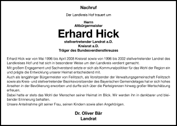 Traueranzeige von Erhard Hick von Frankenpost
