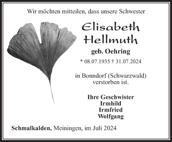 Traueranzeige von Elisabeth Hellmuth von Südthüringer Presse