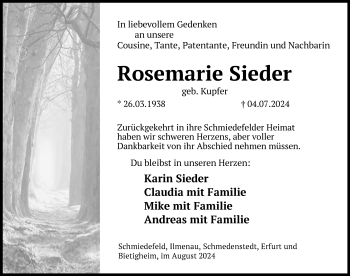 Traueranzeige von Rosemarie Sieder von Südthüringer Presse