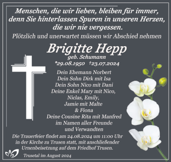 Traueranzeige von Brigitte Hepp von Südthüringer Presse