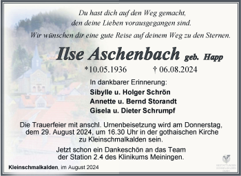 Traueranzeige von Ilse Aschenbach von Südthüringer Presse