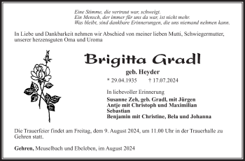 Traueranzeige von Brigitta Gradl von Südthüringer Presse