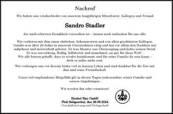 Traueranzeige von Sandro Stadler von Südthüringer Presse