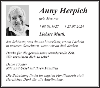 Traueranzeige von Anny Herpich von Frankenpost
