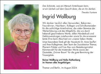 Traueranzeige von Ingrid Wallburg von Südthüringer Presse