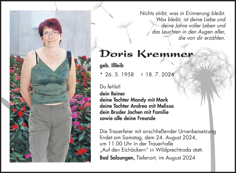  Traueranzeige für Doris Kremmer vom 16.08.2024 aus Südthüringer Presse