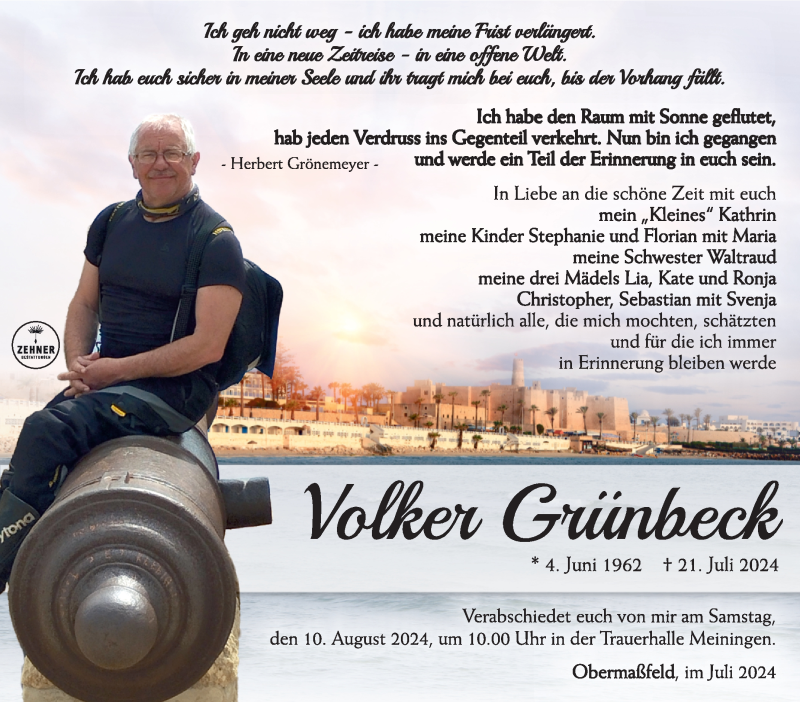  Traueranzeige für Volker Grünbeck vom 03.08.2024 aus Südthüringer Presse