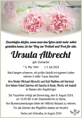Traueranzeige von Ursula Albrecht von Südthüringer Presse