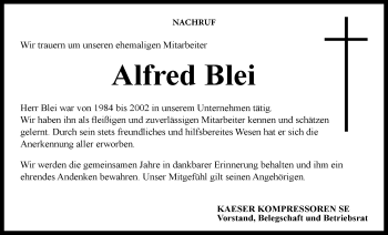 Traueranzeige von Alfred Blei von Neue Presse Coburg
