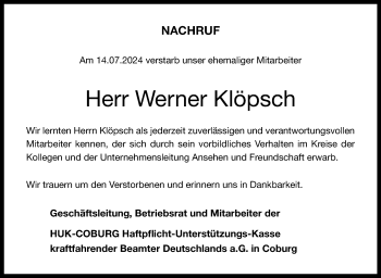 Traueranzeige von Werner Klöpsch von Neue Presse Coburg