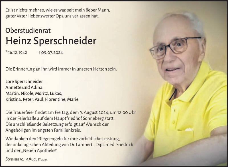  Traueranzeige für Heinz Sperschneider vom 03.08.2024 aus Südthüringer Presse