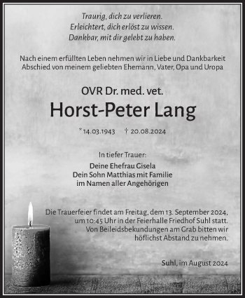 Traueranzeige von Horst-Peter Lang von Südthüringer Presse