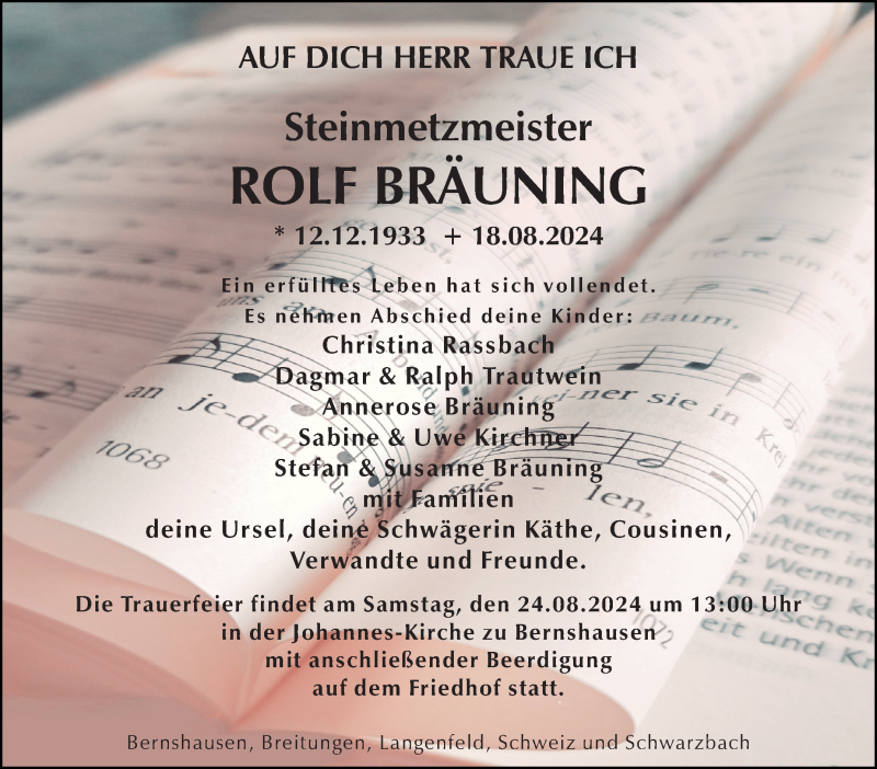  Traueranzeige für Rolf Bräuning vom 21.08.2024 aus Südthüringer Presse