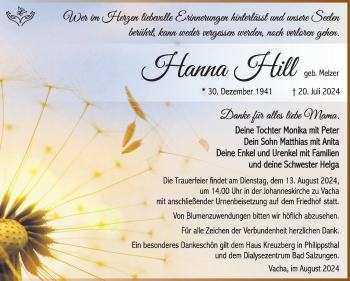 Traueranzeige von Hanna Hill von Südthüringer Presse