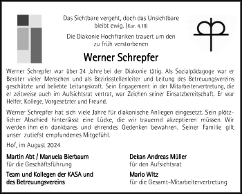 Traueranzeige von Werner Schrepfer von Frankenpost