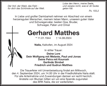 Traueranzeige von Gerhard Matthes von Frankenpost