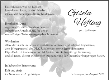 Traueranzeige von Gisela Höfling von Südthüringer Presse