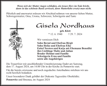Traueranzeige von Gisela Nordhaus von Südthüringer Presse