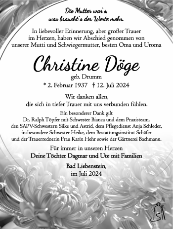 Traueranzeige von Christine Döge von Südthüringer Presse