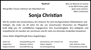 Traueranzeige von Sonja Christian von Frankenpost