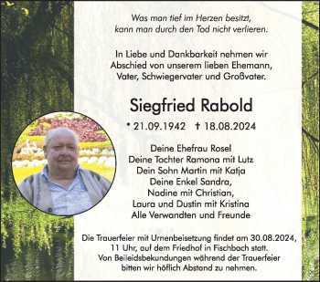 Traueranzeige von Siegfried Rabold von Südthüringer Presse
