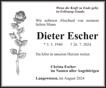 Traueranzeige von Dieter Escher von Südthüringer Presse