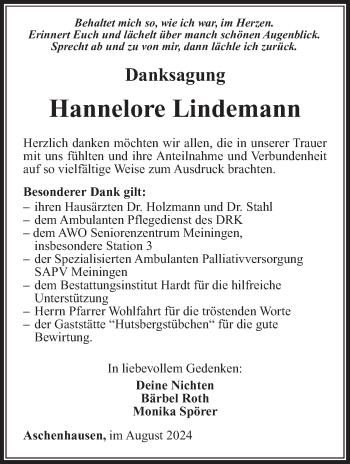 Traueranzeige von Hannelore Lindemann von Südthüringer Presse