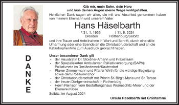 Traueranzeige von Hans Häselbarth von Frankenpost