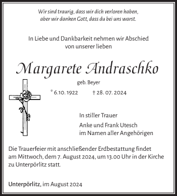 Traueranzeige von Margarete Andraschko von Südthüringer Presse