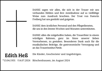 Traueranzeige von Edith Heß von Südthüringer Presse