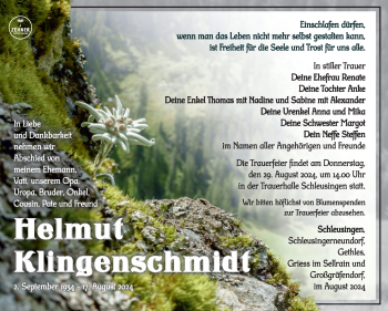 Traueranzeige von Helmut Klingenschmidt von Südthüringer Presse
