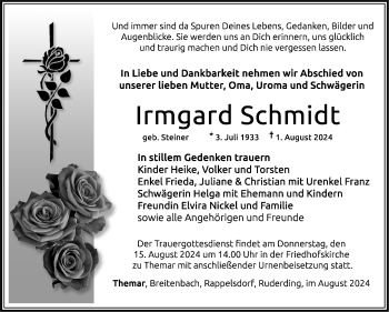 Traueranzeige von Irmgard Schmidt von Südthüringer Presse