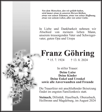 Traueranzeige von Franz Göhring von Südthüringer Presse