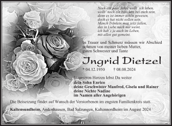 Traueranzeige von Ingrid Dietzel von Südthüringer Presse