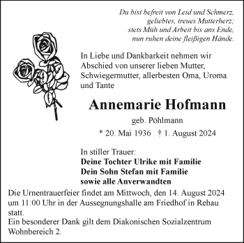 Traueranzeige von Annemarie Hofmann von Frankenpost