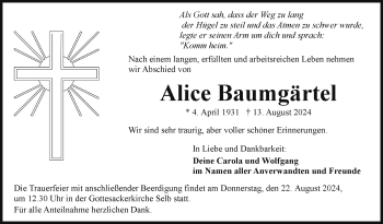 Traueranzeige von Alice Baumgärtel von Frankenpost