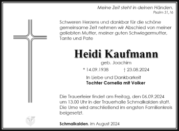 Traueranzeige von Heidi Kaufmann von Südthüringer Presse