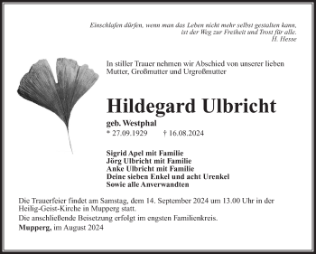 Traueranzeige von Hildegard Ulbricht von Südthüringer Presse