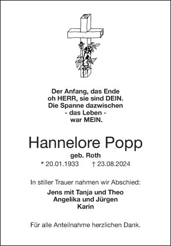 Traueranzeige von Hannelore Popp von Frankenpost