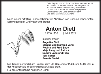 Traueranzeige von Anton Dietl von Frankenpost
