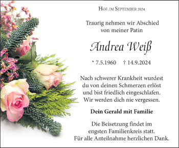 Traueranzeige von Andrea Weiß von Frankenpost