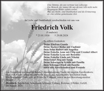 Traueranzeige von Friedrich Volk von Südthüringer Presse