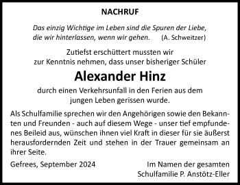 Traueranzeige von Alexander Hinz von Frankenpost