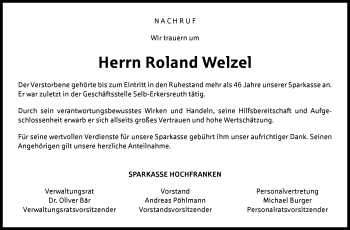 Traueranzeige von Roland Welzel von Frankenpost