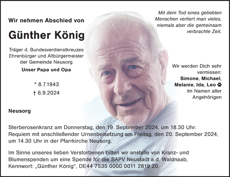  Traueranzeige für Günther König vom 14.09.2024 aus Frankenpost