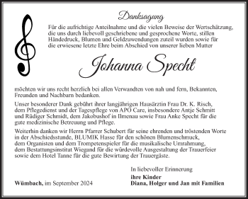 Traueranzeige von Johanna Specht von Südthüringer Presse